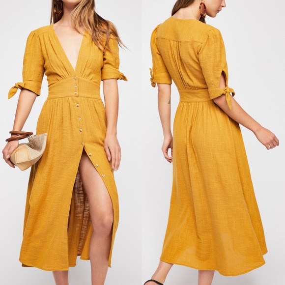 Free People Dresses & Skirts - FREE PEOPLE mustard button up midi dress